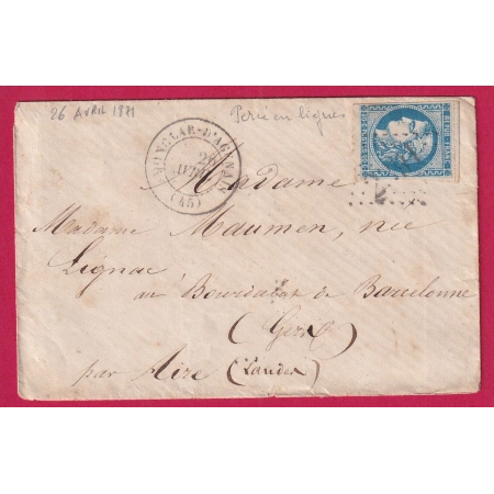 N°46B PERCE EN LIGNE GC 2391 MONCLAR D'AGENAIS LOT ET GARONNE POUR BARCELONNE DU GERS LETTRE COVER FRANCE
