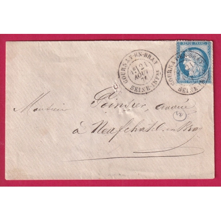 N°60 CAD TYPE 18 GOURNAY EN BRAY SEINE INFERIEURE POUR NEUFCHATEL EN BRAY LETTRE COVER FRANCE