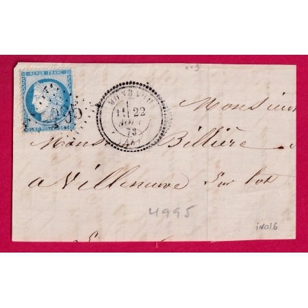 N°60 GC 4995 MONBAHUS LOT ET GARONNE CAD TYPE 24 POUR VILLENEUVE DEVANT DE LETTRE COVER FRANCE