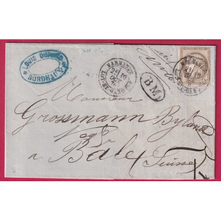 N°56 CAD TYPE 18 MARMANDE LOT ET GARONNE BM BORDEAUX POUR BALE SUISSE LETTRE COVER FRANCE