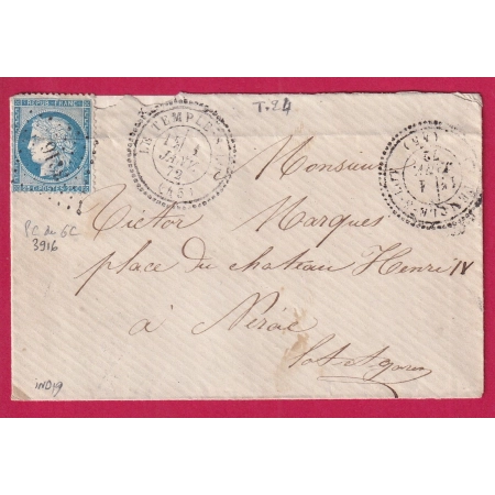 N°60 PC DU GC 3916 LE TEMPLE SUR LOT ET GERONNE CAD TYPE 24 POUR NERAC INDICE 19 LETTRE 1ER JANVIER 1872