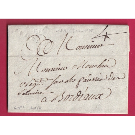 MARQUE FUMEL LOT ET GARONNE LENAIN N°1 1785 POUR BORDEAUX INDICE 14 LETTRE COVER FRANCE