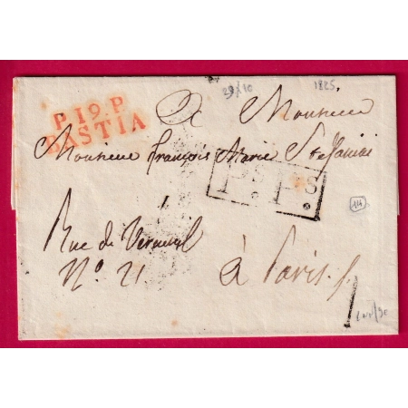 MARQUE P19P BASTIA CORSE EN ROUGE 1825 INDICE 14 POUR PARIS LETTRE COVER FRANCE