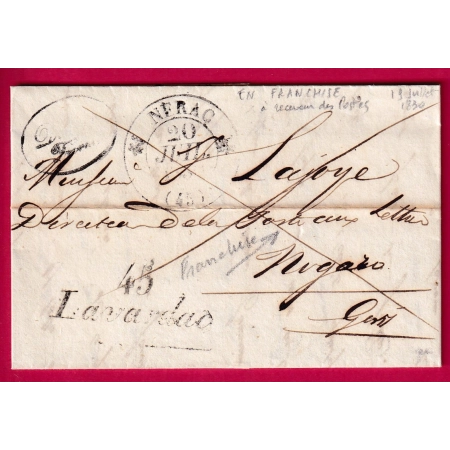 CURSIVE 45 LAVARDAC CAD T12 NERAC EN FRANCHISE DES POSTES POUR NOGARO GERS 1830 TEXTE PONT DE BORDE LETTRE COVER FRANCE