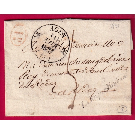 CURSIVE 45 LA ROQUE TIMBAULT LOT ET GARONNE T12 AGEN DECIME RURAL POUR RODEZ LETTRE COVER FRANCE