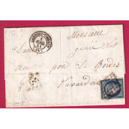 N°4 GRILLE LAROQUE TIMBAULT 1ER AVRIL 1851 ARRIVE CURSIVE ROUGE PONT DE BORDE LOT ET GARONNE INDICE 19 LETTRE FRANCE