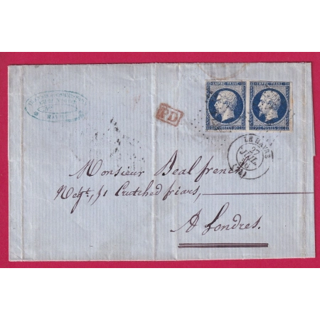 N°14 PAIRE BLEU FONCE PC 1495 LE HAVRE SEINE INFERIEURE POUR LONDRES ANGLETERRE LETTRE COVER FRANCE