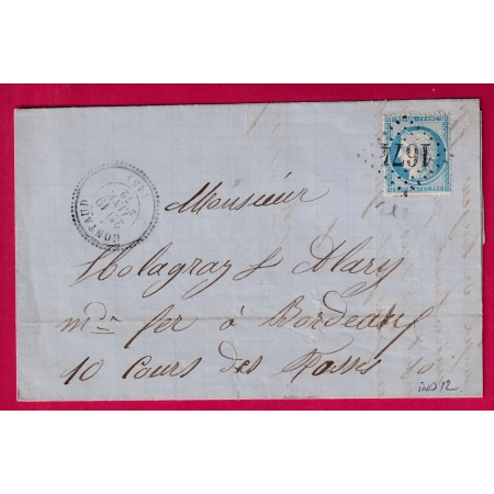 N°60 GC 1674 GONTAUD LOT ET GARONNE CAD TYPE 24 POUR BORDEAUX INDICE 12 LETTRE COVER FRANCE