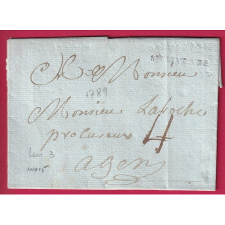 MARQUE STE LIVRADE LOT ET GARONNE 1789 LENAIN N°3 INDICE 15 POUR AGEN LETTRE COVER FRANCE