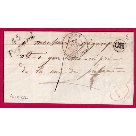 CURSIVE 45 PUYMIROL LOT ET GARONNE OR A IDENTIFIE TAXE LOCALE 1 DECIME RURALE POUR AGEN LETTRE COVER FRANCE