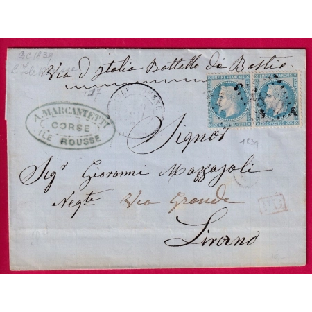 N°29 PAIRE GC 1839 L'ISLE ROUSSE CORSE POUR LIVORNO LIVOURNE ITALIE ITALIA LETTRE COVER FRANCE