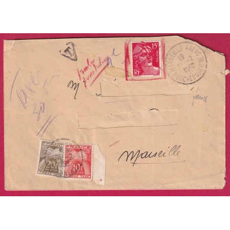 15F GANDON FAUX DE MARSEILLE FAUX POUR SERVIR TAXE 30 TYPE GERBE RARE LETTRE COVER FRANCE