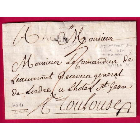 MARQUE ASTAFFORT A SEC LENAIN N°1 + AGEN LN°2 1760 INDICE 21 POUR TOULOUSE LETTRE COVER FRANCE