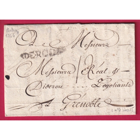 MARQUE DE RODEZ AVEYRON 1756 LENAIN N°4 POUR GRENOBLE INDICE 15 LETTRE COVER FRANCE
