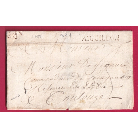 MARQUE AIGUILLON LOT ET GARONNE LENAIN N°1 1751 POUR TOULOUSE INDICE 12 LETTRE COVER FRANCE