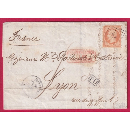 N°23 OBLITERATION ANCRE PAQUEBOT POSTES GODAVERY 1866 POUR LYON SIGNE CALVES LETTRE COVER FRANCE