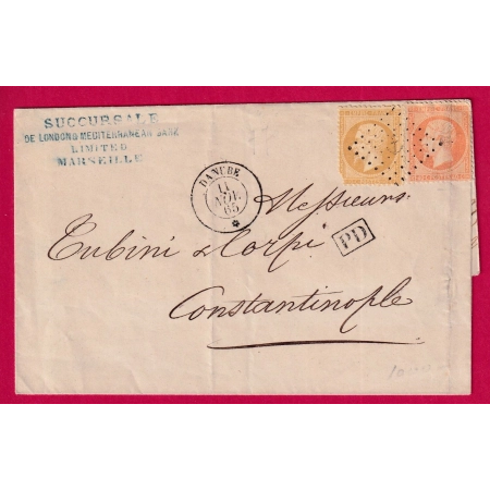 N°21 23 OBLITERATION ANCRE PAQUEBOT POSTES DANUBE 1865 MARSEILLE POUR CONSTANTINOPLE LETTRE COVER FRANCE