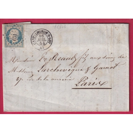 N°10 UTILISATION TARDIVE 16 JUILLET 1854 5C EN TROP PC 631 CASTELMORON LOT ET GARONNE POUR PARIS LETTRE COVER FRANCE