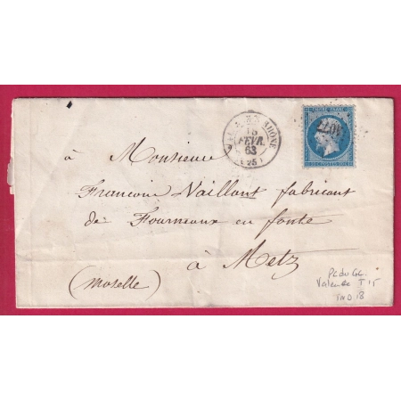 N°22 PC DU GC 4077 VALENCE SUR RHONE DROME CAD TYPE 15 INDICE 18 POUR METZ MOSELLE 18 FEV 1863 LETTRE COVER FRANCE