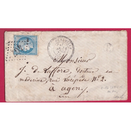 N°60 GC 407 BEAUVILLE LOT ET GARONNE CAD TYPE 24 POUR AGEN INDICE 15 LETTRE COVER FRANCE