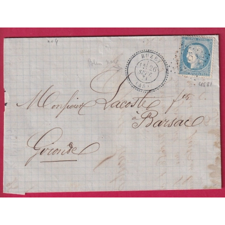 N°60 GC BLEU NOIR 4581 BUZET LOT ET GARONNE CAD TYPE 24 POUR BARSAC LETTRE COVER FRANCE