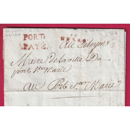 MARQUE PORT PAYE ROUGE + 45 NERAC LOT ET GARONNE 1804 INDICE 18 POUR PORT STE MARIE REVOLUTION LE MAIRE LETTRE FRANCE