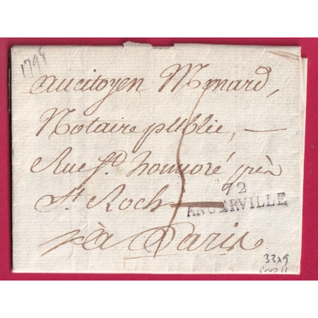 MARQUE 72 ANGERVILLE SEINE ET OISE 1798 INDICE 11 POUR PARIS LETTRE FRANCE