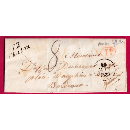 CURSIVE 72 CHATOU SEINE ET OISE 1838 DECIME RURAL ROUGE DE MAISON LAFFITE POUR BORDEAUX LETTRE COVER FRANCE