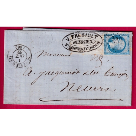 N°14 PC 3603 ST BENIN D'AZY NIEVRE + CACHET HUISSIER POUR NEVERS LETTRE COVER FRANCE