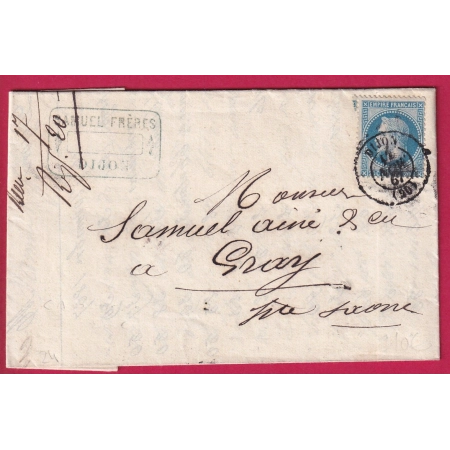 N°29 CAD TYPE 15 DIJON COTE D'OR POUR GRAY HAUTE SAONE LETTRE COVER FRANCE