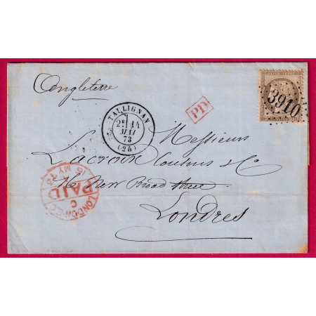 N°56 GC 3910 TAULIGNAN DROME POUR LONDRES ANGLETERRE 1873 LETTRE FRANCE