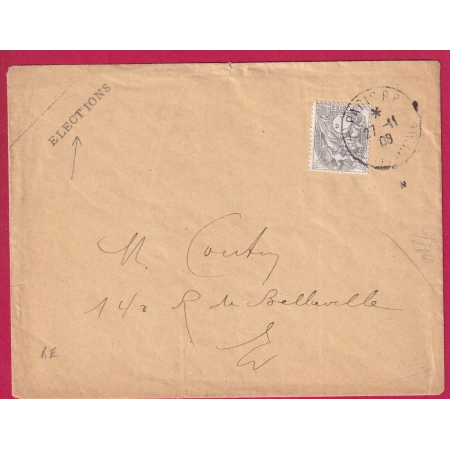 N°107 SEUL SUR LETTRE CAD PARIS PP PL DE BOURSE 1908 SUR PLI ELECTIONS LETTRE COVER FRANCE