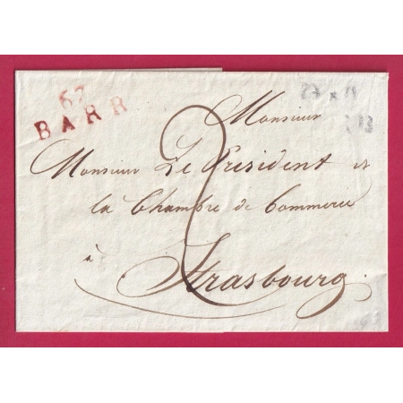 MARQUE 67 BARR BAS RHIN EN ROUGE INDICE 13 POUR STRASBOURG LETTRE COVER FRANCE