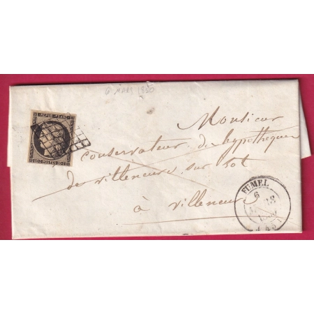 N°3 SUR CHAMOIS GRILLE FUMEL LOT ET GARONNE POUR VILLENEUVE SUR LOT 1850 LETTRE COVER FRANCE