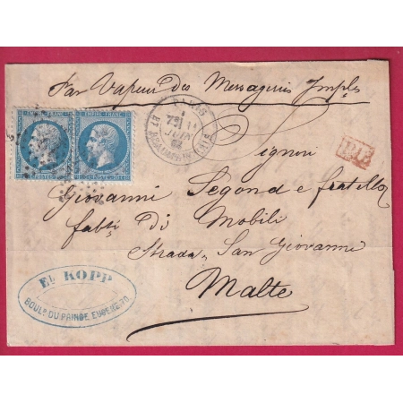 N°22 X2 PARIS ETOILE 12 BT BEAUMARCHAIS POUR MALTE MALTA PAR VAPEUR MESSAGERIES IMPERIALES LETTRE COVER FRANCE