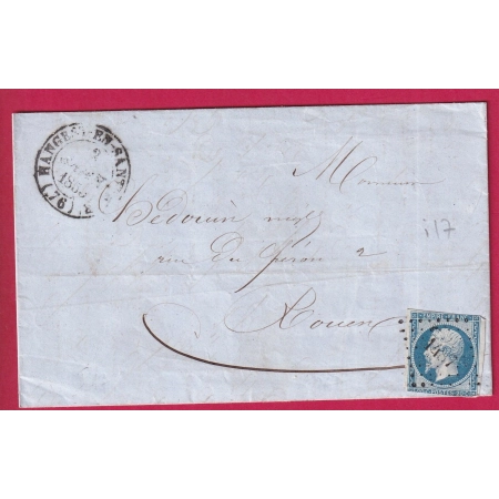 N°14 PC 1487 CAD TYPE 14 HANGEST EN SANTERRE SOMME POUR ROUEN INDICE 17 LETTRE COVER FRANCE