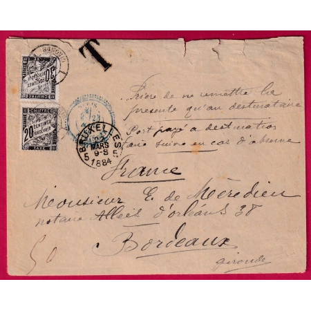 LETTRE NON AFFRANCHIE DE BRUXELLES BELGIQUE TAXE DUVAL N°17 + 18 BORDEAUX 1 GIRONDE 1 PARIS ETRANGER BLEU  COVER FRANCE