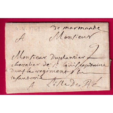 MARQUE MANUSCRIT DE MARMANDE LOT ET GARONNE 1749 POUR ILE DE RE CHARENTE INFERIEURE INDICE 19 LETTRE COVER FRANCE