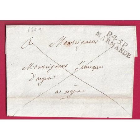 MARQUE P45P MARMANDE LOT ET GARONNE 1809 POUR AGEN INDICE 10 LETTRE COVER FRANCE