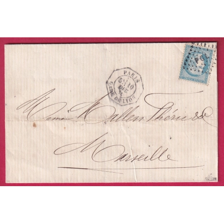 N°60 CACHET DE GARE DE JOUR PARIS GARE DE LYON LOSANGE PGL POUR MARSEILLE SIGNE BRUN LETTRE COVER FRANCE