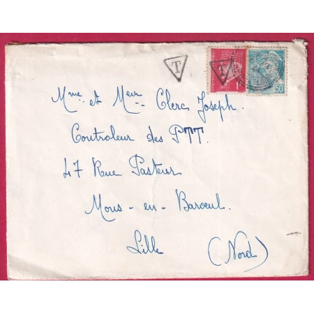 TIMBRE TYPE PETAIN TAXE TRIANGLE DEMONETISE SAONE ET LOIRE 6.12.1944 + TYPE MERCURE LETTRE COVER FRANCE