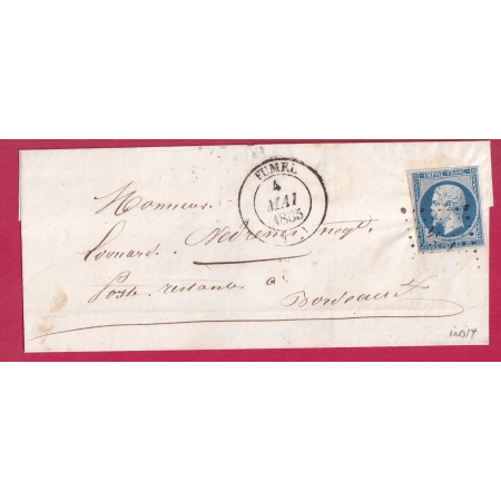 N°14 PC 1354 CAD TYPE 14 FUMEL LOT ET GARONNE 1855 POUR BORDEAUX POSTE RESTANTE LETTRE COVER FRANCE