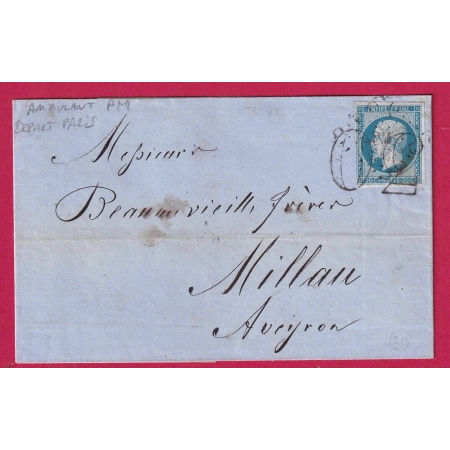 N°14 AMBULANT PM TAXE TAMPON 30 POUR MILLAU AVEYRON DEPART PARIS AMBULANT PARIS MARSEILLE LETTRE COVER FRANCE