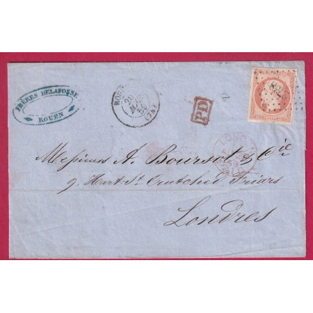N°16 PC 2738 ROUEN SEINE INFERIEURE POUR LONDRES LONDON ANGLETERRE 1859 LETTRE COVER FRANCE