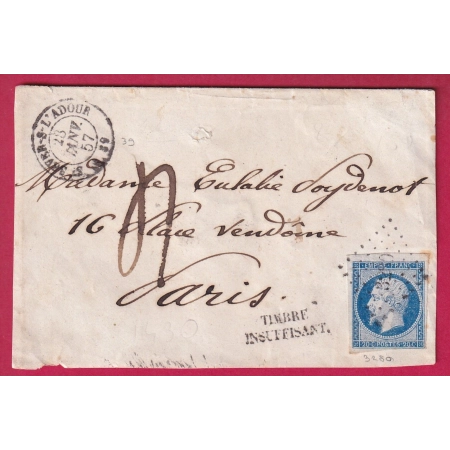 N°14 PC 3280 ST SEVER SUR L'ADOUR TAXE 4 GRIFFE FAB LOCALE TIMBRE INSUFFISANT PARIS 1857 LETTRE COVER FRANCE