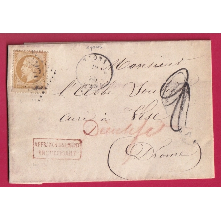 N°21 GC 2708 NYONS DROME TAXE TAMPON 2 + GRIFFE AFFRANC INSUFFIS POUR DIEULEFIT LETTRE COVER FRANCE