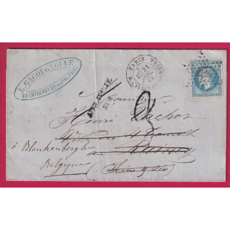 N°29 TAXE TAMPON 3 PARIS ETOILE 28 R CARDINAL LEMOINE POUR BLANKENBERG BELGIQUE REEXPEDIEE LETTRE COVER FRANCE