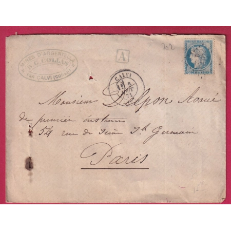 N°37 GC 702 CALVI CORSE BOITE URBAINE A MINES D'ARGENTELLA POUR PARIS AOUT 1871 LETTRE COVER FRANCE