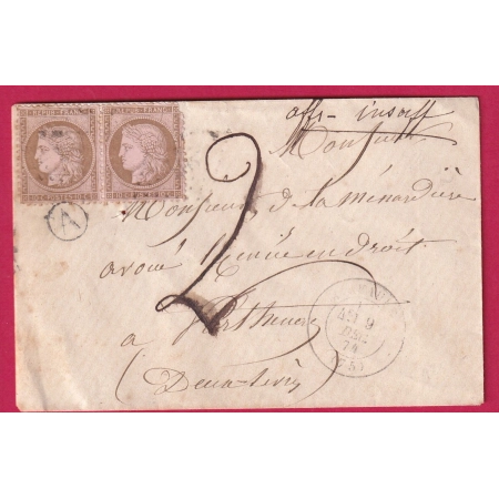 N°58 PAIRE GC 36 AIRVAULT DEUX SEVRES TAXE 2 AFFR INSUFF MANUSCRIT POUR PARTHENAY LETTRE COVER FRANCE