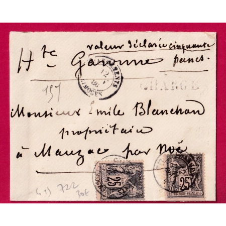 N°92 X2 CHARGEMENTS LIMOGE 1886 POUR NOE HAUTE GARONNE LETTRE COVER FRANCE